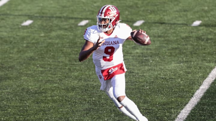 Oct 31, 2020; Piscataway, New Jersey, USA;Indiana Hoosiers quarterback Michael Penix Jr. (9) throws the ball during the first half against the Rutgers Scarlet Knights at SHI Stadium. Mandatory Credit: Vincent Carchietta-USA TODAY Sports