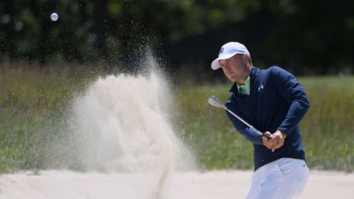 SOUTHAMPTON, NY - JUNE 12: Jordan Spieth of the United States plays a shot from a bunker on the second hole during a practice round prior to the 2018 U.S. Open at Shinnecock Hills Golf Club on June 12, 2018 in Southampton, New York. (Photo by Ross Kinnaird/Getty Images)