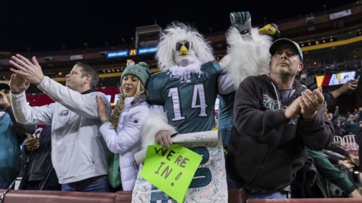LANDOVER, MD - DECEMBER 30: Philadelphia Eagles fans celebrates after the game against the Washington Redskins at FedExField on December 30, 2018 in Landover, Maryland. (Photo by Scott Taetsch/Getty Images)