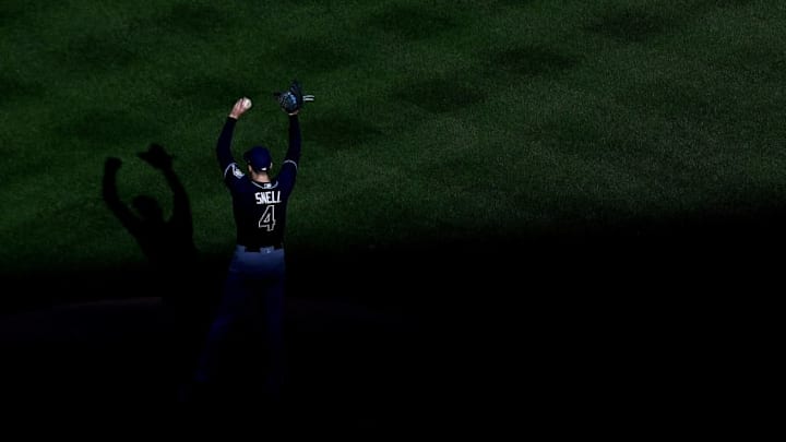 NEW YORK, NY - JULY 07: Blake Snell #4 of the Tampa Bay Rays stretches before pitching against the New York Mets during their game at Citi Field on July 7, 2018 in New York City. (Photo by Al Bello/Getty Images)