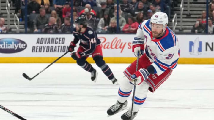 COLUMBUS, OHIO - APRIL 08: Barclay Goodrow #21 of the New York Rangers skates with the puck during the first period against the Columbus Blue Jackets at Nationwide Arena on April 08, 2023 in Columbus, Ohio. (Photo by Jason Mowry/Getty Images)