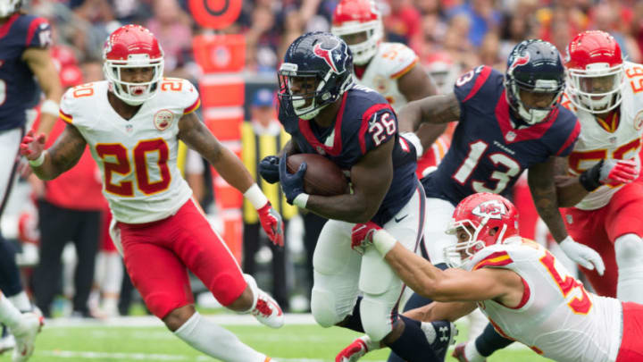 HOUSTON, TX - SEPTEMBER 18: Houston Texans Running Back Lamar Miller (26) looks to run after catch during the NFL football game between the Kansas City Chiefs and Houston Texans on September 18, 2016 at NRG Stadium in Houston, TX. (Photo by Ken Murray/Icon Sportswire via Getty Images)