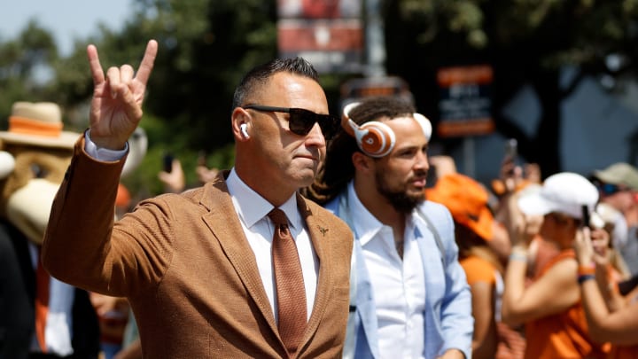 AUSTIN, TEXAS – SEPTEMBER 02: Head coach Steve Sarkisian of the Texas Longhorns arrives prior to the game against the Rice Owls at Darrell K Royal-Texas Memorial Stadium on September 02, 2023 in Austin, Texas. (Photo by Tim Warner/Getty Images)