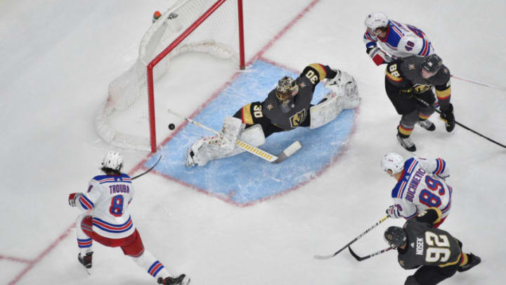 LAS VEGAS, NEVADA - DECEMBER 08: Jacob Trouba #8 of the New York Rangers scores a goal during the second period against the Vegas Golden Knights at T-Mobile Arena on December 08, 2019 in Las Vegas, Nevada. (Photo by David Becker/NHLI via Getty Images)
