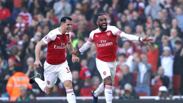 LONDON, ENGLAND - FEBRUARY 24: Alexandre Lacazette of Arsenal celebrates after scoring his team's first goal during the Premier League match between Arsenal FC and Southampton FC at Emirates Stadium on February 23, 2019 in London, United Kingdom. (Photo by Richard Heathcote/Getty Images)