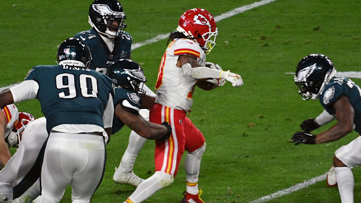 GLENDALE, ARIZONA – FEBRUARY 12: Isiah Pacheco #10 of the Kansas City Chiefs carries the ball against the Philadelphia Eagles during the second half in Super Bowl LVII at State Farm Stadium on February 12, 2023 in Glendale, Arizona. (Photo by Focus on Sport/Getty Images)