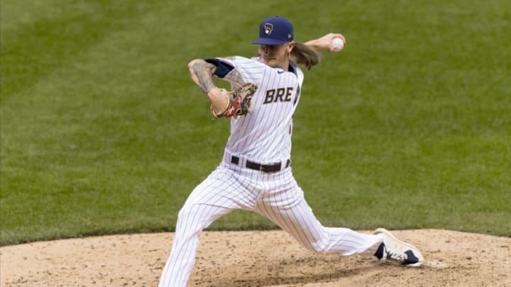 Sep 18, 2020; Milwaukee, Wisconsin, USA; Milwaukee Brewers pitcher Josh Hader (71) throws a pitch during the ninth inning against the Kansas City Royals at Miller Park. Mandatory Credit: Jeff Hanisch-USA TODAY Sports