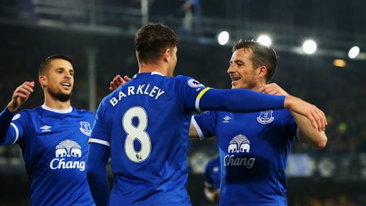 LIVERPOOL, ENGLAND - MAY 12: Ross Barkley of Everton celebrates scoring his sides first goal with Kevin Mirallas of Everton and Leighton Baines of Everton during the Premier League match between Everton and Watford at Goodison Park on May 12, 2017 in Liverpool, England. (Photo by Alex Livesey/Getty Images)