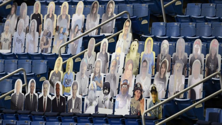 ST PETERSBURG, FLORIDA - AUGUST 04: General view of cardboard cut out fans in the stands prior to the game between the Tampa Bay Rays and the Boston Red Sox at Tropicana Field on August 04, 2020 in St Petersburg, Florida. (Photo by Douglas P. DeFelice/Getty Images)