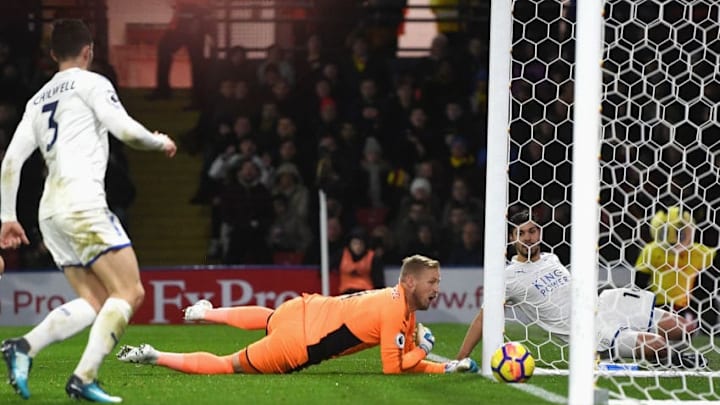 WATFORD, ENGLAND - DECEMBER 26: Kasper Schmeichel of Leicester City scores an own goal during the Premier League match between Watford and Leicester City at Vicarage Road on December 26, 2017 in Watford, England. (Photo by Michael Regan/Getty Images)
