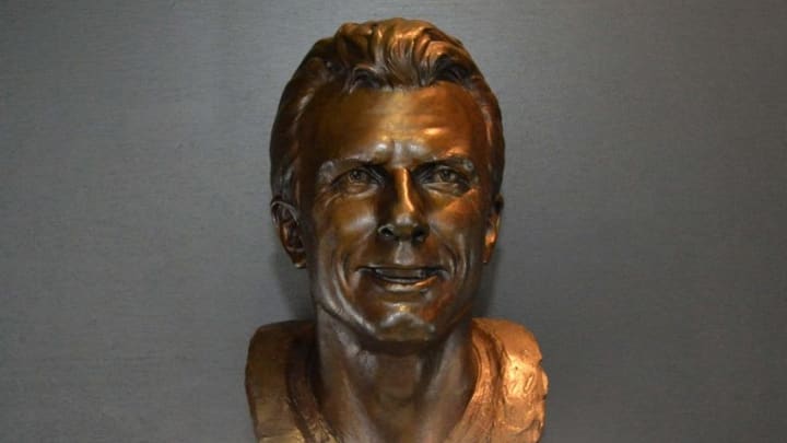 Feb 3, 2016; San Francisco, CA, USA; General view of the Pro Football Hall of Fame bust of Joe Montana at the NFL Experience at the Moscone Center. Mandatory Credit: Kirby Lee-USA TODAY Sports