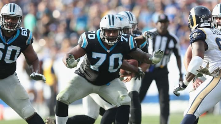 LOS ANGELES, CA - NOVEMBER 06: Guard Trai Turner #70 of the Carolina Panthers blocks against the Los Angeles Rams at Los Angeles Coliseum on November 6, 2016 in Los Angeles, California. The Panthers won 13-10. (Photo by Stephen Dunn/Getty Images)