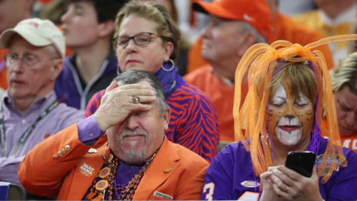 NEW ORLEANS, LA – JANUARY 01: Clemson Tigers fans react in the second half of the AllState Sugar Bowl against the Alabama Crimson Tide at the Mercedes-Benz Superdome on January 1, 2018 in New Orleans, Louisiana. (Photo by Chris Graythen/Getty Images)