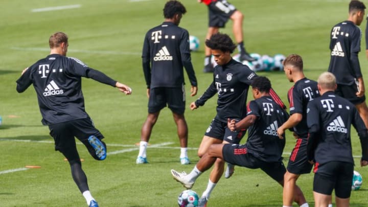 Manuel Neuer, Leroy Sane, and Serge Gnabryin training for Bayern Munich. (Photo by Roland Krivec/DeFodi Images via Getty Images)