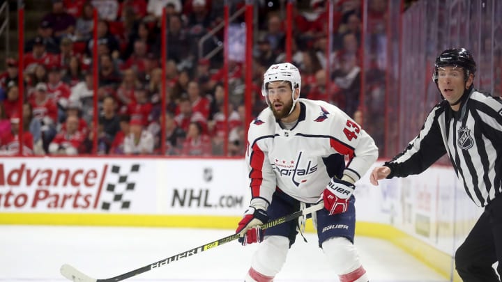 RALEIGH, NC – APRIL 18: Tom Wilson #43 of the Washington Capitals skates for position on the ice in Game Four of the Eastern Conference First Round against the Carolina Hurricanes during the 2019 NHL Stanley Cup Playoffs on April 18, 2019 at PNC Arena in Raleigh, North Carolina. (Photo by Gregg Forwerck/NHLI via Getty Images)