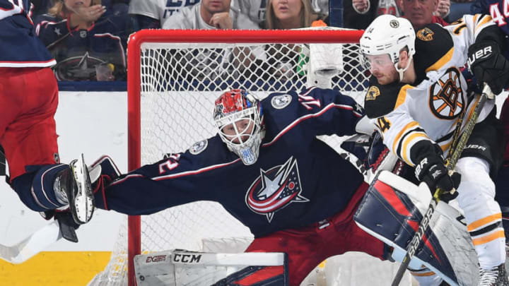 COLUMBUS, OH - MAY 6: Goaltender Sergei Bobrovsky #72 of the Columbus Blue Jackets defends the net against the Boston Bruins in Game Six of the Eastern Conference Second Round during the 2019 NHL Stanley Cup Playoffs on May 6, 2019 at Nationwide Arena in Columbus, Ohio. (Photo by Jamie Sabau/NHLI via Getty Images)