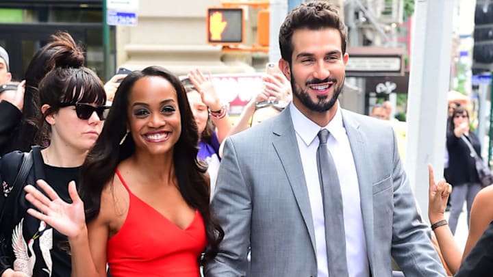 NEW YORK, NY - AUGUST 08: Bachelorette's Rachel Lindsay and her fiance, Bryan Abasolo are seen outside Aol Live'on August 8, 2017 in New York City. (Photo by Raymond Hall/GC Images)