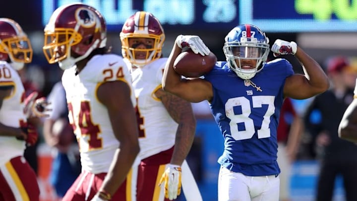 Sep 25, 2016; East Rutherford, NJ, USA; New York Giants wide receiver Sterling Shepard (87) reacts after being hit by Washington Redskins corner back Josh Norman (24) during the fourth quarter at MetLife Stadium. Mandatory Credit: Brad Penner-USA TODAY Sports