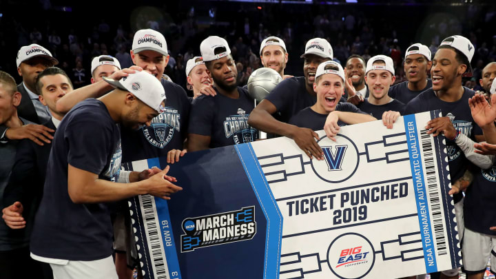 NEW YORK, NEW YORK – MARCH 16: The Villanova Wildcats celebrate the 74-72 win over the Seton Hall Pirates during the Big East Championship Game to claim the Big East title at Madison Square Garden on March 16, 2019 in New York City. (Photo by Elsa/Getty Images)