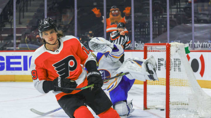 PHILADELPHIA, PENNSYLVANIA - MARCH 09: Nolan Patrick #19 of the Philadelphia Flyers scores during a penalty shootout against the Buffalo Sabres at Wells Fargo Center on March 09, 2021 in Philadelphia, Pennsylvania. (Photo by Tim Nwachukwu/Getty Images)