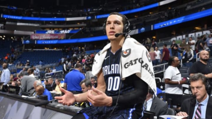 ORLANDO, FL – MARCH 2: Aaron Gordon #00 of the Orlando Magic speaks to media after game against the Detroit Pistons on March 2, 2018 at Amway Center in Orlando, Florida. NOTE TO USER: User expressly acknowledges and agrees that, by downloading and or using this photograph, User is consenting to the terms and conditions of the Getty Images License Agreement. Mandatory Copyright Notice: Copyright 2018 NBAE (Photo by Fernando Medina/NBAE via Getty Images)