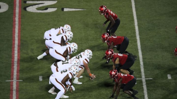 LOUISVILLE, KENTUCKY - SEPTEMBER 19: The line of scrimmage of the Louisville Cardinals game against the Miami Hurricanes at Cardinal Stadium on September 19, 2020 in Louisville, Kentucky. (Photo by Andy Lyons/Getty Images)
