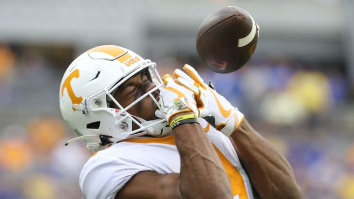 Sep 10, 2022; Pittsburgh, Pennsylvania, USA; Tennessee Volunteers wide receiver Cedric Tillman (4) can not come up with a catch against the Pittsburgh Panthers during the third quarter at Acrisure Stadium. Tennessee won 34-27 in overtime. Mandatory Credit: Charles LeClaire-USA TODAY Sports
