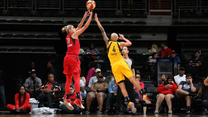 WASHINGTON, DC – MAY 20: Elena Delle Donne #11 of the Washington Mystics shoots the ball against the Indiana Fever on May 20, 2018 at Capital One Arena in Washington, DC. NOTE TO USER: User expressly acknowledges and agrees that, by downloading and or using this photograph, User is consenting to the terms and conditions of the Getty Images License Agreement. Mandatory Copyright Notice: Copyright 2018 NBAE (Photo by Stephen Gosling/NBAE via Getty Images)