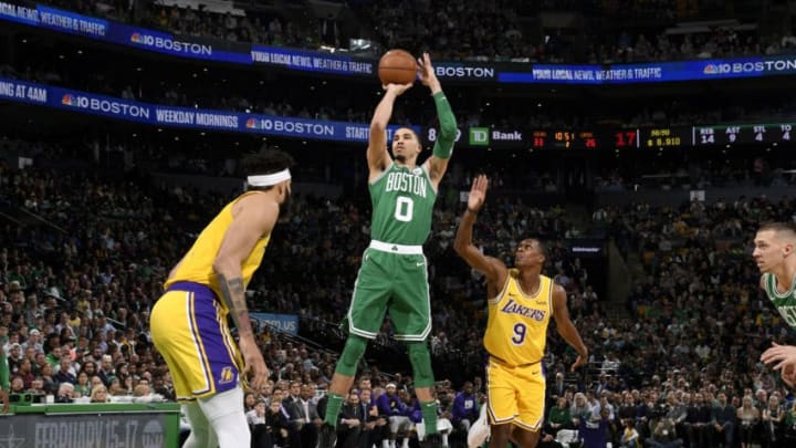BOSTON, MA - FEBRUARY 7: Jayson Tatum #0 of the Boston Celtics s;tb; against the Los Angeles Lakers on February 7, 2019 at the TD Garden in Boston, Massachusetts. NOTE TO USER: User expressly acknowledges and agrees that, by downloading and/or using this photograph, user is consenting to the terms and conditions of the Getty Images License Agreement. Mandatory Copyright Notice: Copyright 2019 NBAE (Photo by Brian Babineau/NBAE via Getty Images)