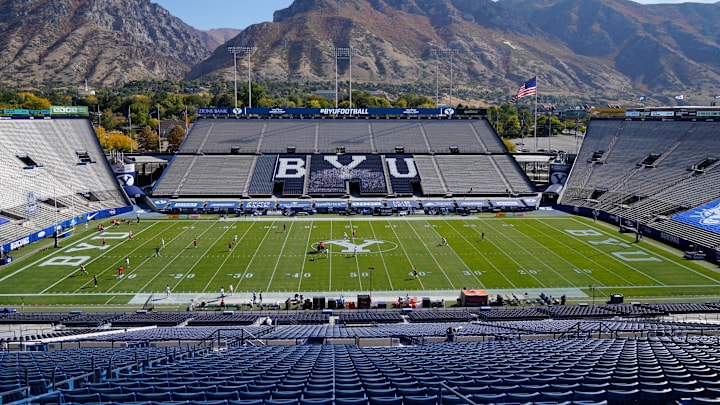 Oct 10, 2020; Provo, UT, USA; LaVell Edwards Stadium is shown before the start an NCAA college football game between BYU and UTSA Saturday, Oct. 10, 2020, in Provo, Utah. Mandatory Credit: Rick Bowmer/Pool Photo-USA TODAY Sports