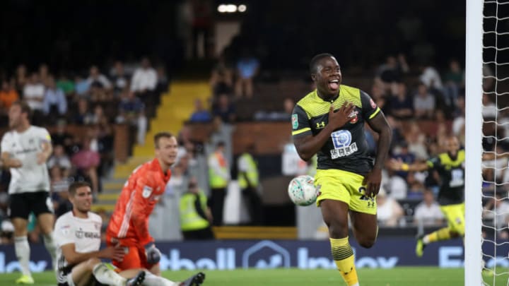 LONDON, ENGLAND – AUGUST 27: Michael Obafemi of Southampton celebrates scoring his team’s first goal during the Carabao Cup Second Round match between Fulham and Southampton at Craven Cottage on August 27, 2019 in London, England. (Photo by James Chance/Getty Images)