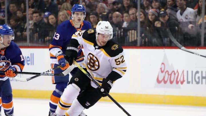 NEW YORK, NEW YORK – JANUARY 11: Sen Kuraly #52 of the Boston Bruins skates in his 200th NHL game against the New York Islanders at the Barclays Center on January 11, 2020 in the Brooklyn borough of New York City. The Bruins defeated the Islanders 3-2 in overtime. (Photo by Bruce Bennett/Getty Images)