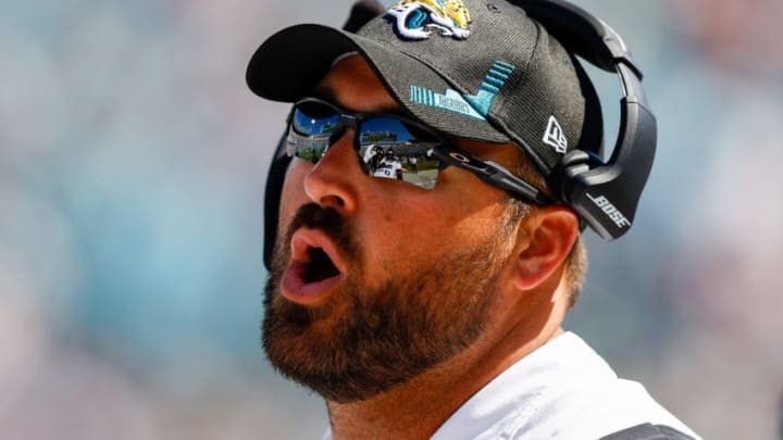 Sep 26, 2021; Jacksonville, Florida, USA; Jacksonville Jaguars tight ends coach Tyler Bowen looks on during the third quarter in a game against the Arizona Cardinals at TIAA Bank Field. Mandatory Credit: Nathan Ray Seebeck-USA TODAY Sports