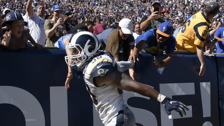 LOS ANGELES, CA – SEPTEMBER 16: Todd Gurley #30 of the Los Angeles Rams celebrates with fans after a second quarter Touchdown against the Arizona Cardinals Memorial Coliseum on September 16, 2018 in Los Angeles, California. (Photo by John McCoy/Getty Images)