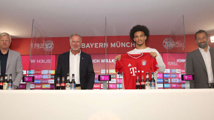 Oliver Kahn, Karl-Heinz Rummenigge, Leroy Sane, abd Hasan Salihamidzic at FC Bayern Munich.(Photo by Handout/Getty Images)