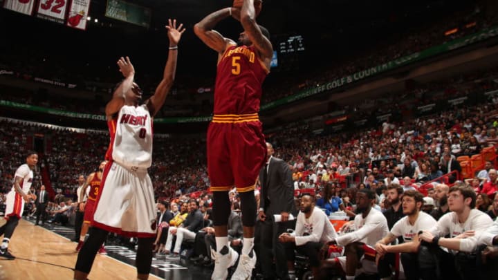 MIAMI, FL - APRIL 10: JR Smith #5 of the Cleveland Cavaliers shoots the ball against the Miami Heat on April 10, 2017 at AmericanAirlines Arena in Miami, Florida. NOTE TO USER: User expressly acknowledges and agrees that, by downloading and or using this Photograph, user is consenting to the terms and conditions of the Getty Images License Agreement. Mandatory Copyright Notice: Copyright 2017 NBAE (Photo by Issac Baldizon/NBAE via Getty Images)