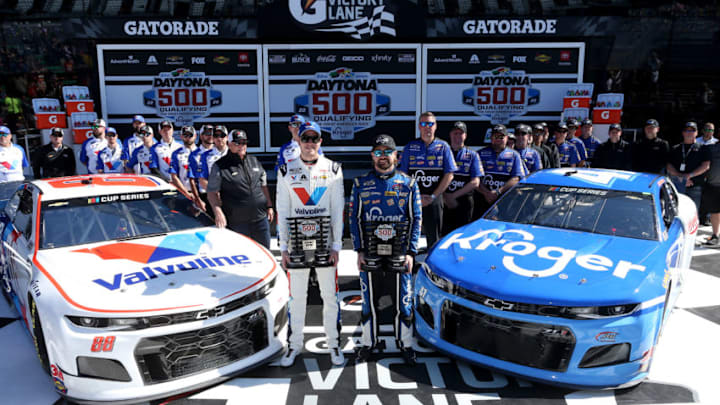 DAYTONA BEACH, FLORIDA - FEBRUARY 09: Ricky Stenhouse Jr., driver of the #47 Kroger Chevrolet, and Alex Bowman, driver of the #88 Valvoline Chevrolet, pose with the front row awards following qualifying for the NASCAR Cup Series 62nd Annual Daytona 500 at Daytona International Speedway on February 09, 2020 in Daytona Beach, Florida. Stenhouse Jr. posted the quickest lap during qualifying and will lead the field to the green flag. (Photo by Brian Lawdermilk/Getty Images) DAYTONA BEACH, FLORIDA - FEBRUARY 09: Ricky Stenhouse Jr., driver of the #47 Kroger Chevrolet, and Alex Bowman, driver of the #88 Valvoline Chevrolet, pose with the front row awards following qualifying for the NASCAR Cup Series 62nd Annual Daytona 500 at Daytona International Speedway on February 09, 2020 in Daytona Beach, Florida. Stenhouse Jr. posted the quickest lap during qualifying and will lead the field to the green flag. (Photo by Brian Lawdermilk/Getty Images)