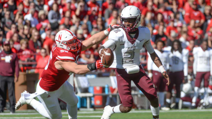 LINCOLN, NE - OCTOBER 27: Defensive lineman Ben Stille #95 of the Nebraska Cornhuskers pulls down quarterback David Israel #2 of the Bethune Cookman Wildcats for a sack in the second half at Memorial Stadium on October 27, 2018 in Lincoln, Nebraska. (Photo by Steven Branscombe/Getty Images)