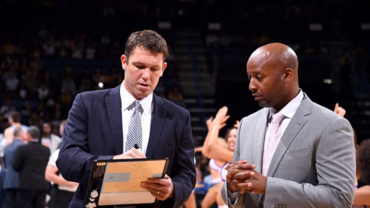 Ontario, CA - OCTOBER 9: Luke Walton and Brian Shaw of the Los Angeles Lakers discuss game plan before a preseason game against the Denver Nuggets on October 9, 2016 at Citizens Business Bank Arena in Ontario, California. NOTE TO USER: User expressly acknowledges and agrees that, by downloading and/or using this Photograph, user is consenting to the terms and conditions of the Getty Images License Agreement. Mandatory Copyright Notice: Copyright 2016 NBAE (Photo by Juan Ocampo/NBAE via Getty Images)
