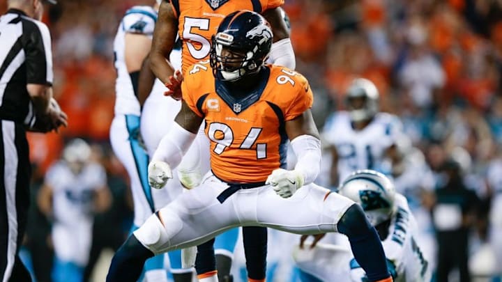 Sep 8, 2016; Denver, CO, USA; Denver Broncos outside linebacker DeMarcus Ware (94) reacts after sacking Carolina Panthers quarterback Cam Newton (1) in the third quarter at Sports Authority Field at Mile High. Mandatory Credit: Isaiah J. Downing-USA TODAY Sports