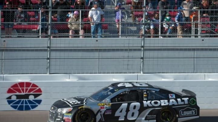 Mar 6, 2016; Las Vegas, NV, USA; NASCAR Sprint Cup driver Jimmie Johnson (48) competes in the Kobalt 400 at Las Vegas Motor Speedway. Mandatory Credit: Stephen R. Sylvanie-USA TODAY Sports