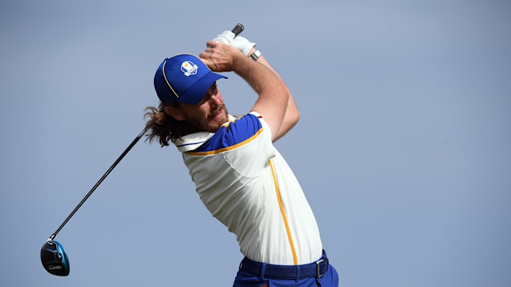 Sep 26, 2021; Haven, Wisconsin, USA; Team Europe player Tommy Fleetwood plays his shot from the fourth tee during day three singles rounds for the 43rd Ryder Cup golf competition at Whistling Straits. Mandatory Credit: Orlando Ramirez-USA TODAY Sports