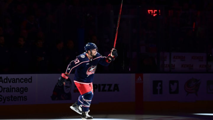 COLUMBUS, OHIO - OCTOBER 14: Justin Danforth #17 of the Columbus Blue Jackets is introduced before a game against the Tampa Bay Lightning at Nationwide Arena on October 14, 2022 in Columbus, Ohio. (Photo by Emilee Chinn/Getty Images)