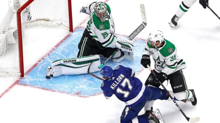 EDMONTON, ALBERTA - SEPTEMBER 19: Anton Khudobin #35 of the Dallas Stars makes the save on a shot by Alex Killorn #17 of the Tampa Bay Lightning during the third period in Game One of the 2020 NHL Stanley Cup Final at Rogers Place on September 19, 2020 in Edmonton, Alberta, Canada. (Photo by Bruce Bennett/Getty Images)