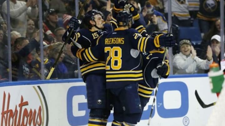Jan 2, 2016; Buffalo, NY, USA; Buffalo Sabres center Jack Eichel (15) celebrates his second goal of the period against the Detroit Red Wings during the second period at First Niagara Center. Mandatory Credit: Kevin Hoffman-USA TODAY Sports