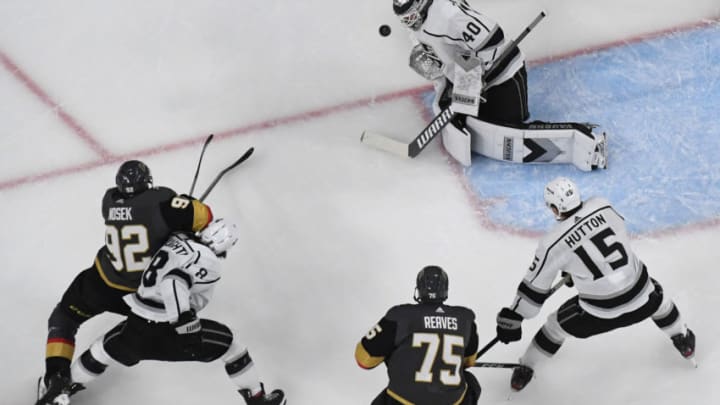 Calvin Petersen #40 of the Los Angeles Kings blocks a shot by Tomas Nosek #92 of the Vegas Golden Knights. (Photo by Ethan Miller/Getty Images)