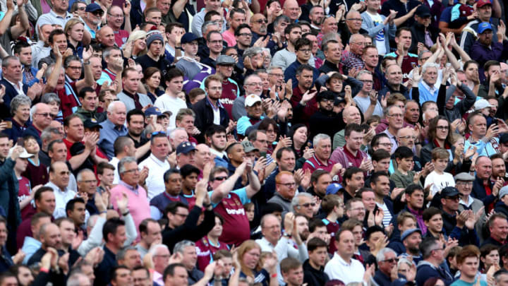 LONDON, ENGLAND - MAY 13: West Ham United fans look on during the Premier League match between West Ham United and Everton at London Stadium on May 13, 2018 in London, England. (Photo by Steve Bardens/Getty Images)
