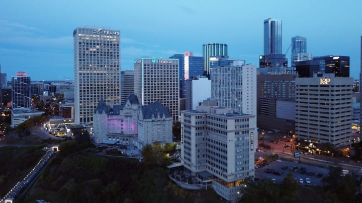 EDMONTON, ALBERTA – SEPTEMBER 26: In this aerial view from a drone, the city of Edmonton is photographed prior to Game Five of the 2020 NHL Stanley Cup Final between the Tampa Bay Lightning and the Dallas Stars at Rogers Place on September 26, 2020 in Edmonton, Alberta, Canada. (Photo by Bruce Bennett/Getty Images)