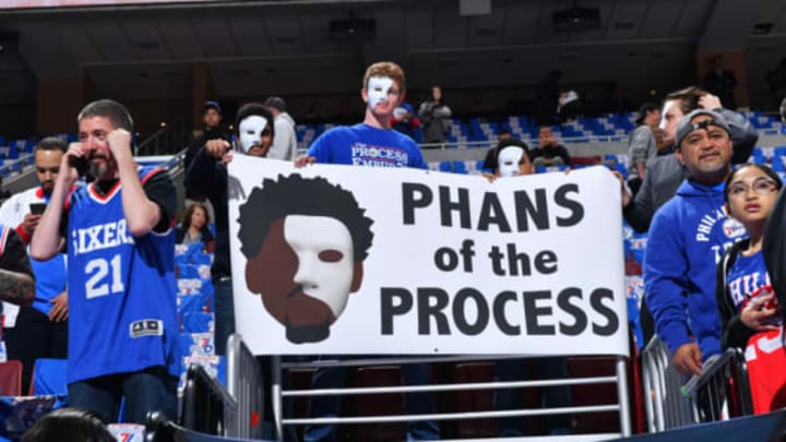 PHILADELPHIA, PA – APRIL 24: Fan holds up sign before the game between the Miami Heat and the Philadelphia 76ers in Game Five of Round One of the 2018 NBA Playoffs on April 24, 2018 at Wells Fargo Center in Philadelphia, Pennsylvania. NOTE TO USER: User expressly acknowledges and agrees that, by downloading and or using this photograph, User is consenting to the terms and conditions of the Getty Images License Agreement. Mandatory Copyright Notice: Copyright 2018 NBAE (Photo by Jesse D. Garrabrant/NBAE via Getty Images)