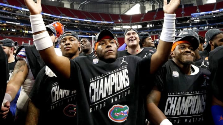 ATLANTA, GEORGIA - DECEMBER 29: Jahim Lawrence #58 of the Florida Gators celebrates after his teams win over the Michigan Wolverines during the Chick-fil-A Peach Bowl at Mercedes-Benz Stadium on December 29, 2018 in Atlanta, Georgia. The Gators defeated the Wolverines 41-15. (Photo by Joe Robbins/Getty Images)